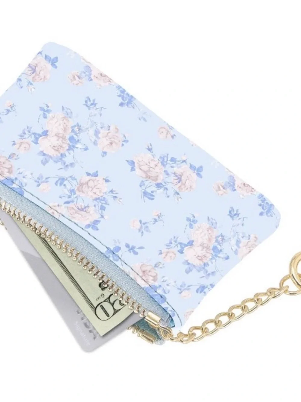 LoveShackFancy Light Blue Floral Keychain Wallet with Gold Hardware